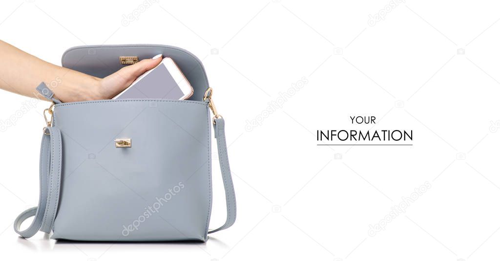 A hand put the phone in the female blue gray leather handbag pattern