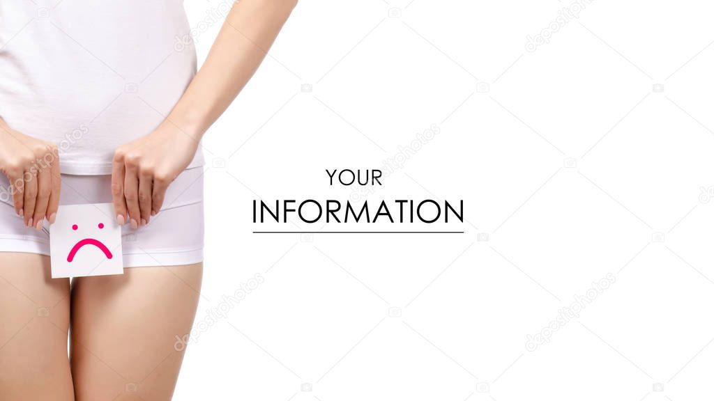 Woman health female body holding white card sad smile near stomach healthy pattern