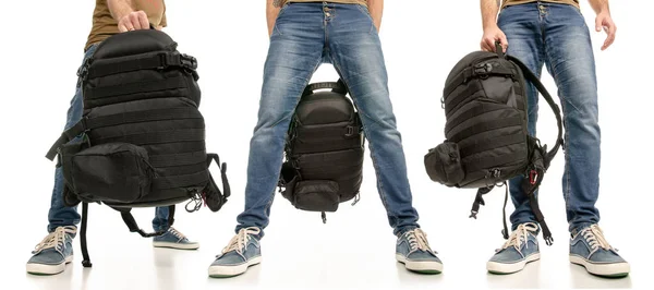 Set adam bacaklar ayaklar kot ayakkabıları ile sırt çantası — Stok fotoğraf