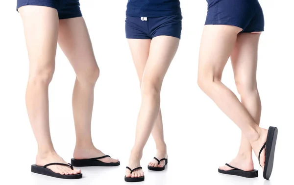 Set woman legs in black flip flops — Stock Photo, Image