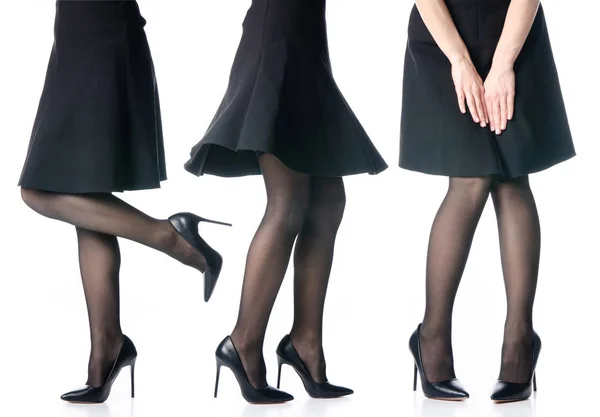 Set female legs in black high heels shoes black skirt fashion — Stock Photo, Image