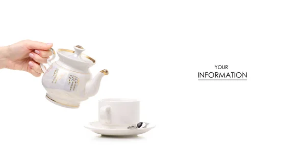 Tetera de té en taza de mano y patrón de platillo — Foto de Stock