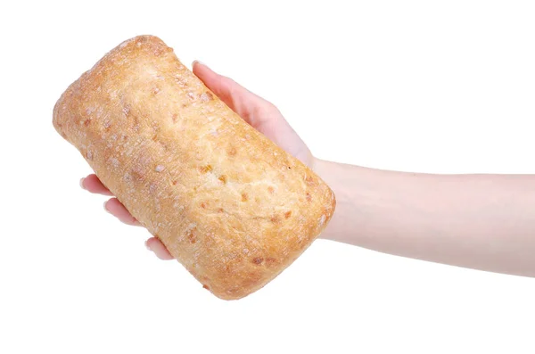 Ciabatta with cheese in hand — Stock Photo, Image