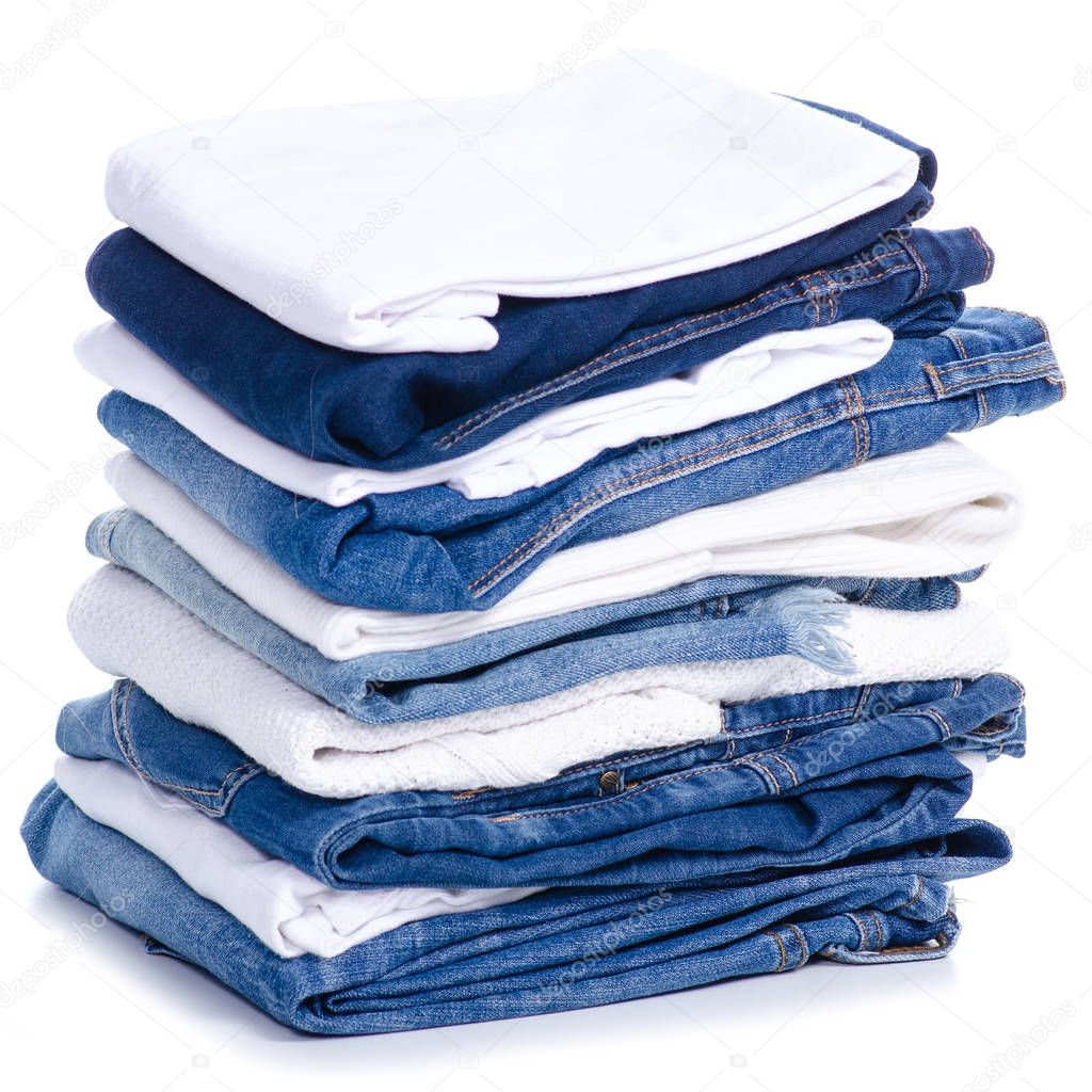 Stack blue jeans and white shirt clothes