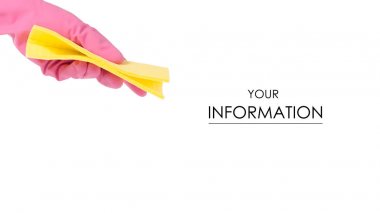 İzole desen temizlik için sarı bez temizlik için bir lastik eldiven el