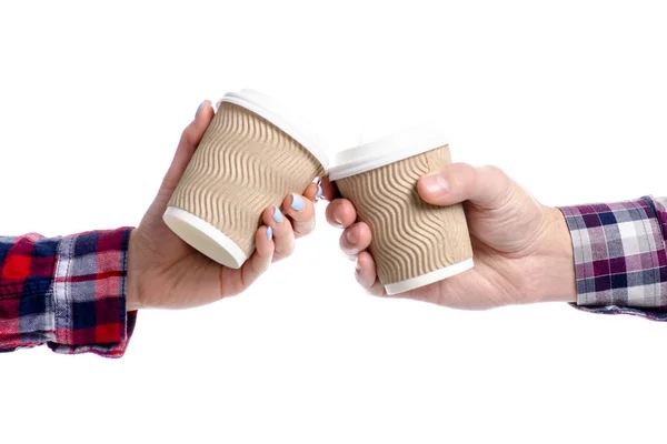 Homem e mulher mão segurando xícara de café — Fotografia de Stock