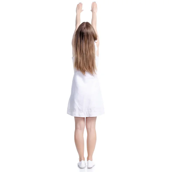 Woman in white dress standing hands up holding — Stock Photo, Image