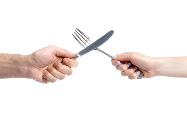 Deux mains tenant fourchette et couteau — Photo