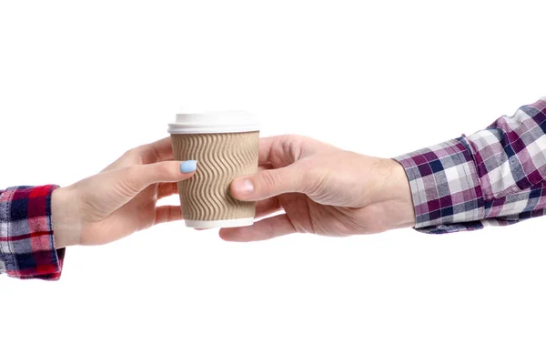 Mão dando xícara de café à mão — Fotografia de Stock