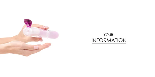 Bottiglia rosa gel doccia viola nel modello mano — Foto Stock