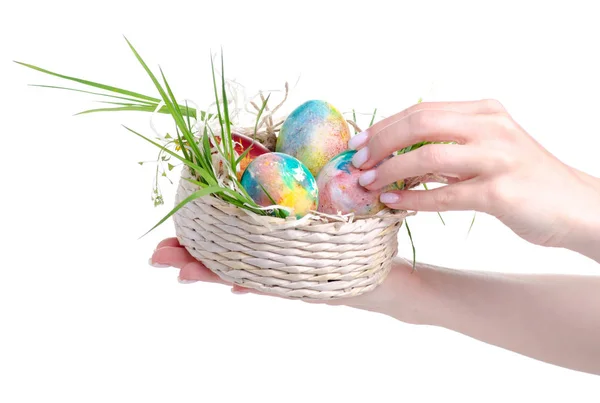 Malowane jaja w koszyku w ręku — Zdjęcie stockowe