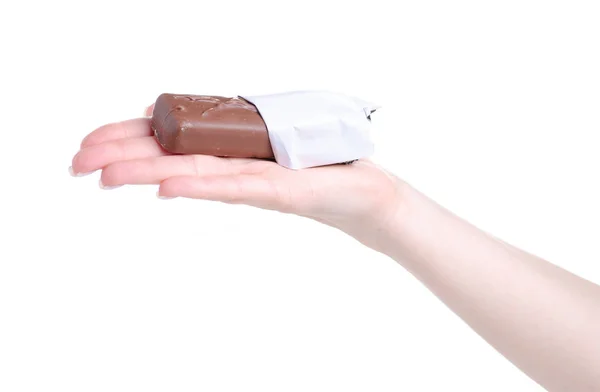 Chocolate bar in hand — Stock Photo, Image