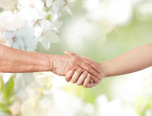 Close up of senior and young woman holding hands — Stock Photo, Image