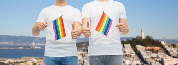 Maschio coppia con gay orgoglio bandiere mostrando pollici fino — Foto Stock