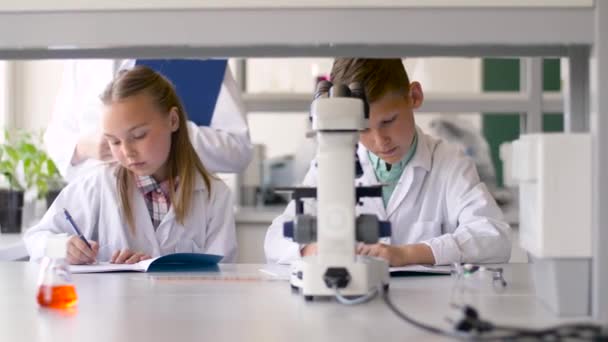 Leraar en studenten die studeren chemie op school — Stockvideo