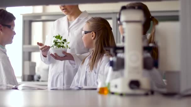 Estudiantes y profesor con planta en clase de biología — Vídeo de stock