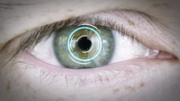 Primer plano del ojo masculino con iris o exploración de la retina — Vídeos de Stock