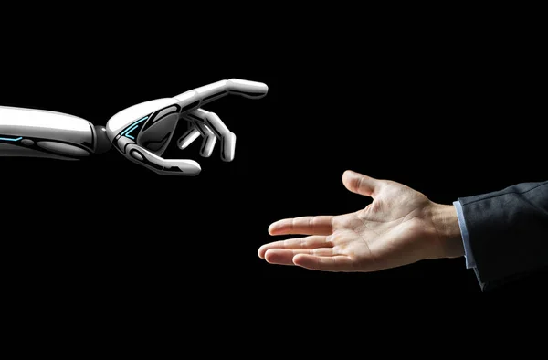 Robot and human hand flash light over black — Stock Photo, Image