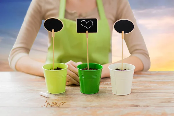 Close up of woman with soil in pots and nameplates — Stock Photo, Image