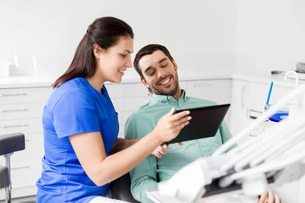 Dentista e paciente com tablet pc na clínica — Fotografia de Stock