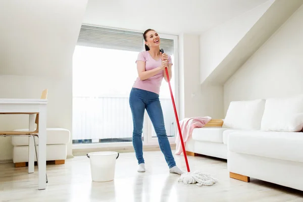 People Housework Housekeeping Concept Happy Woman Housewife Mop Cleaning Floor — Stock Photo, Image