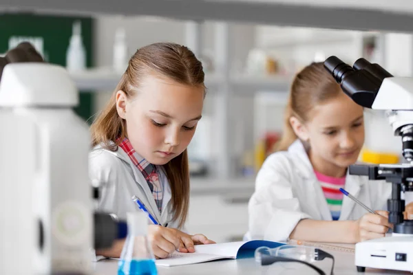 Kids studying chemistry at school laboratory — Stock Photo, Image