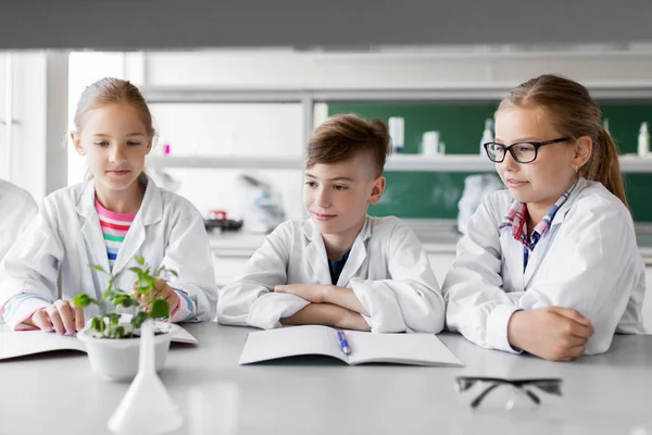 Crianças ou estudantes com planta na aula de biologia — Fotografia de Stock