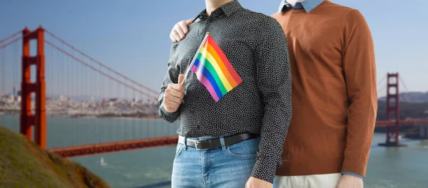 stock image close up of happy male couple with gay pride flags