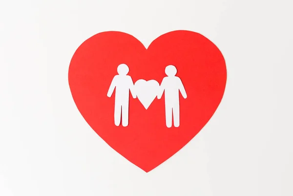 Erkek çift beyaz kağıt piktogram kırmızı kalp — Stok fotoğraf