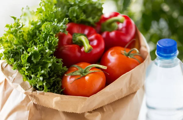 Fermer le sac en papier avec des légumes et de l'eau — Photo