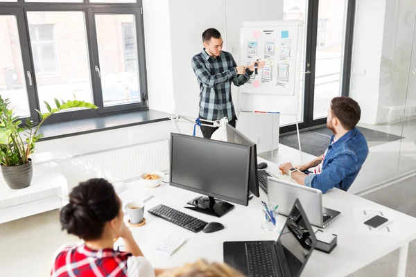 Uomo che mostra orologio intelligente al team creativo in ufficio — Foto Stock