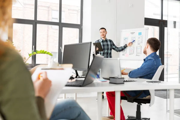 Mann zeigt Kreativ-Team Tablet-PC im Büro — Stockfoto