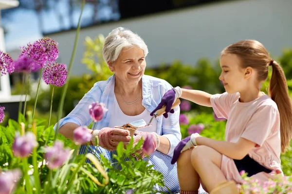 Großmutter und Mädchen pflanzen Blumen im Garten — Stockfoto