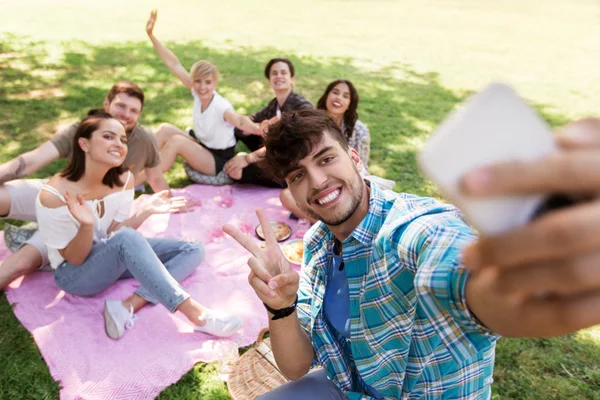 Friends taking selfie by smartphone at picnic — Stock Photo, Image