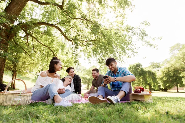 Amici con smartphone al picnic al parco estivo — Foto Stock