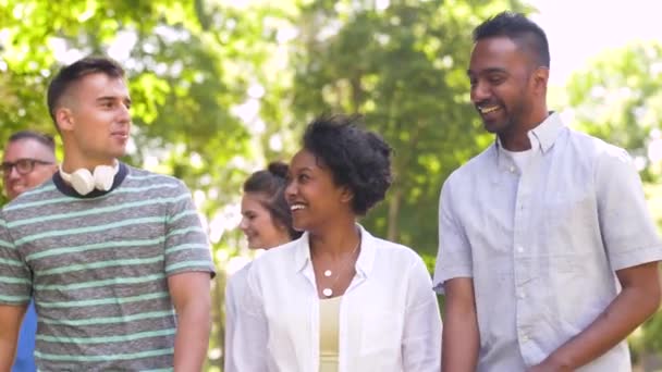 Heureux amis internationaux marchant dans le parc — Video