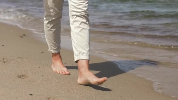 Vrouw voeten blootsvoets lopen langs zomer strand — Stockvideo