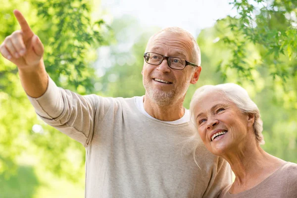 Gelukkige senior paar over groene natuurlijke achtergrond — Stockfoto