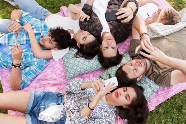 Amici con smartphone su coperta da picnic — Foto Stock