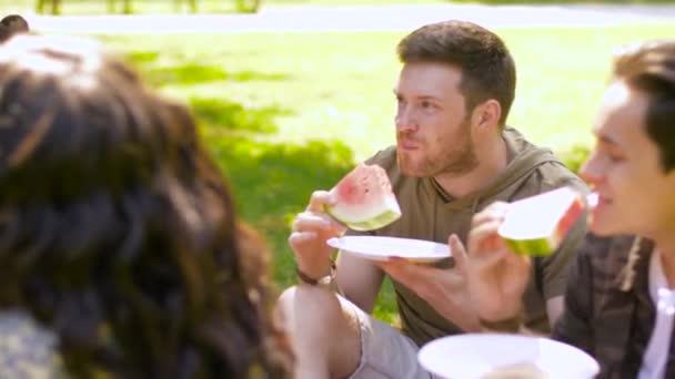 Счастливые друзья едят арбуз на летнем пикнике — стоковое видео