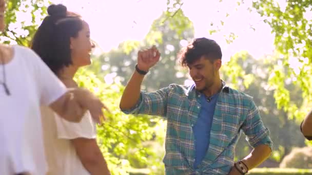 Amigos felices bailando en la fiesta de verano en el parque — Vídeos de Stock