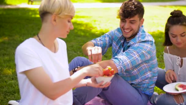 Amigos comiendo frutas en el picnic en el parque de verano — Vídeos de Stock