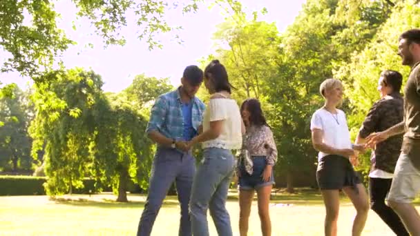 Glada vänner dansa på sommarfest i park — Stockvideo