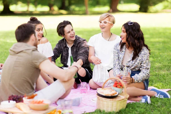 Glada vänner med drinkar i sommar picknick — Stockfoto