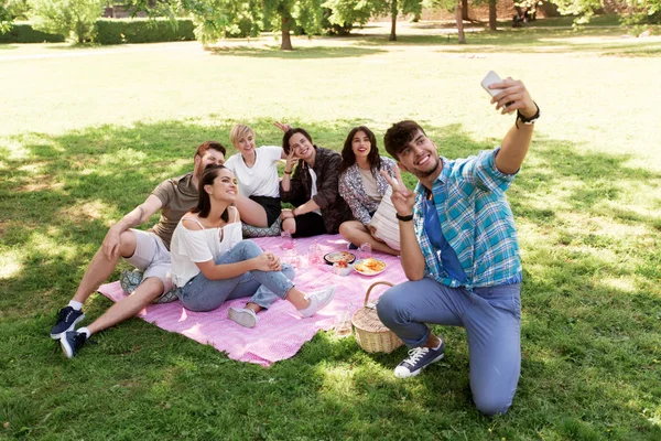 Amigos tomando selfie por teléfono inteligente en el picnic — Foto de Stock