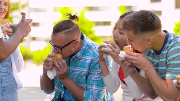 Amigos comiendo hamburguesas o sándwiches en el parque — Vídeos de Stock