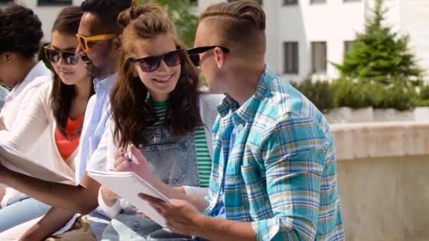 Grupo de estudantes felizes com cadernos no campus — Vídeo de Stock