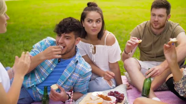 Amigos con bebidas comiendo comida en el picnic de verano — Vídeo de stock