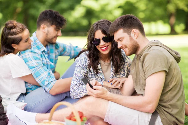 Amigos con teléfonos inteligentes en el picnic en el parque de verano — Foto de Stock