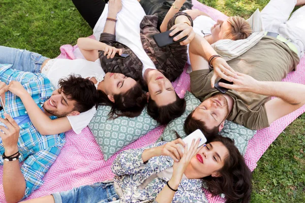 Arkadaş grubu akıllı telefonlar üzerinde piknik battaniye — Stok fotoğraf